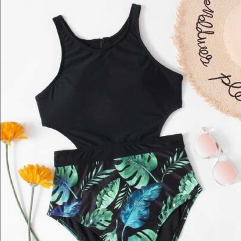 Tropical one piece cutout swimsuit with zipper
